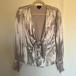 Silky silver front-tie long sleeve shirt